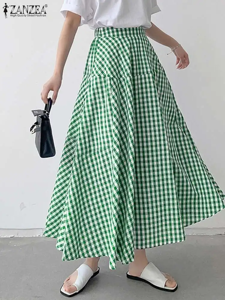 

ZANZEA Casual Elastic High Waist Maxi Skirt Women 2023 Summer Plaid Spliced A-line Skirt Fashion Checked Jupes Oversized Faldas