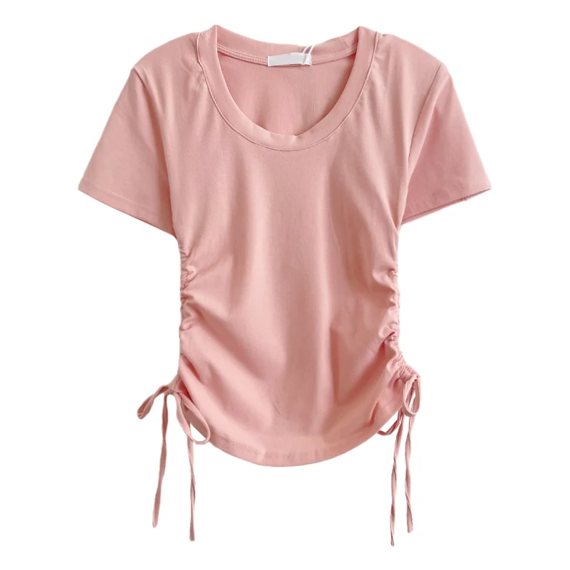 Simple solid color drawstring straps design comfortable stretch cotton slim fit short-sleeved T-shirt
Simple solid color drawstring straps design comfortable stretch cotton slim fit short-sleeved T-shirt
