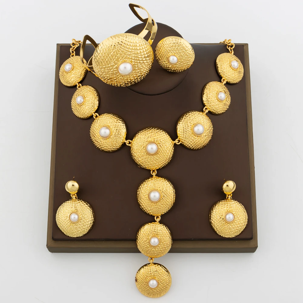 Luxury 18k Gold Color Jewelry Set Elegant Round Pendant Long Necklace and Earrings for Bridal Weddings Bangle Ring Accessories
Luxury 18k Gold Color Jewelry Set Elegant Round Pendant Long Necklace and Earrings for Bridal Weddings Bangle Ring Accessories