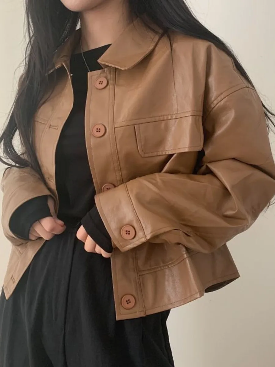 Korean Chic Vintage Brown Short Leather Jacket Coat Women Spring And Autumn Fashion Korean Loose Design Sense Niche
Korean Chic Vintage Brown Short Leather Jacket Coat Women Spring And Autumn Fashion Korean Loose Design Sense Niche