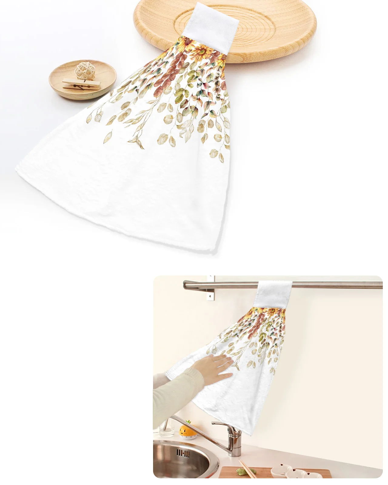 

Autumn Eucalyptus Leaves Sunflower Hand Towels Home Kitchen Bathroom Hanging Dishcloths Loops Soft Absorbent Custom Wipe Towel