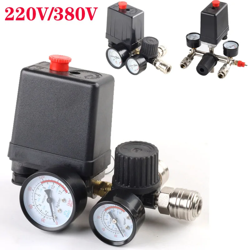 

Air Compressor Pump Pressure Control Switch 4 Port 220V/380V Manifold Relief Regulator 30-120PSI Control Valve with Gauge