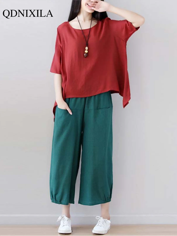2023 Summer Cotton Linen Women's Pants Set Style Literature Art Loose Solid Color Short Sleeved Wide Leg Pants Women 2-piece Set
2023 Summer Cotton Linen Women's Pants Set Style Literature Art Loose Solid Color Short Sleeved Wide Leg Pants Women 2-piece Set
