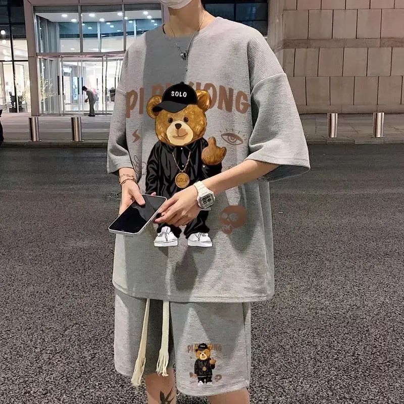 Korean Fashion Streetwear Hip Hop Rock Casual Short Suit Funny Bear Tshirts Shorts 2 Piece Set Summer Tracksuit clothes For Men
Korean Fashion Streetwear Hip Hop Rock Casual Short Suit Funny Bear Tshirts Shorts 2 Piece Set Summer Tracksuit clothes For Men