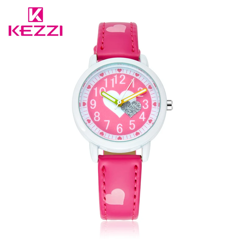 

KEZZI Love Hearts child Watches Girl Leather Printing Strap Cartoon Kids Watch Students Quartz Wristwatch Casual Fashion Horloge