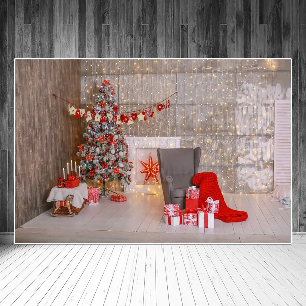 

Фон для фотосъемки с изображением рождественской елки камина звезд огней стены комнаты