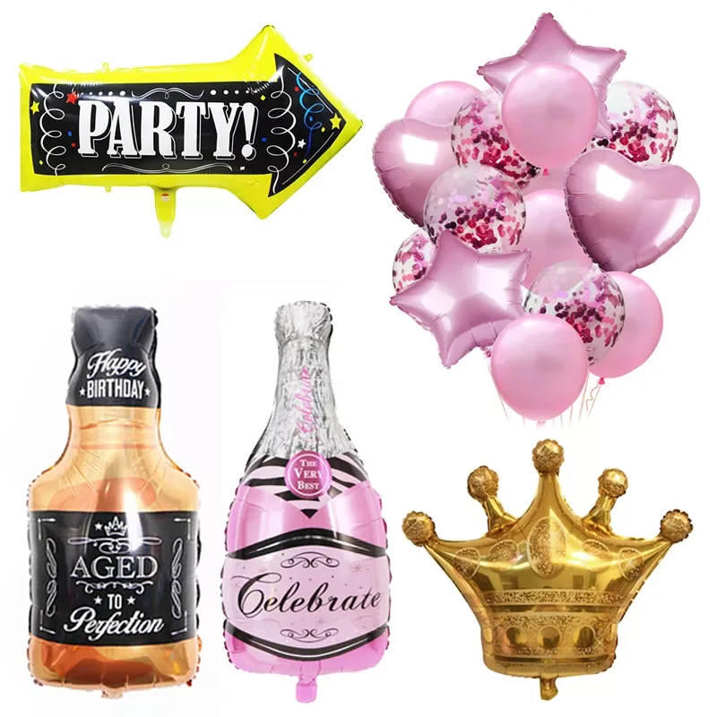 

Whisky Bottle/Champagne Cup Balloons 18 30 40 Years Old Happy Birthday Party Decorations Kids Adult King Crown/Wedding Balloon