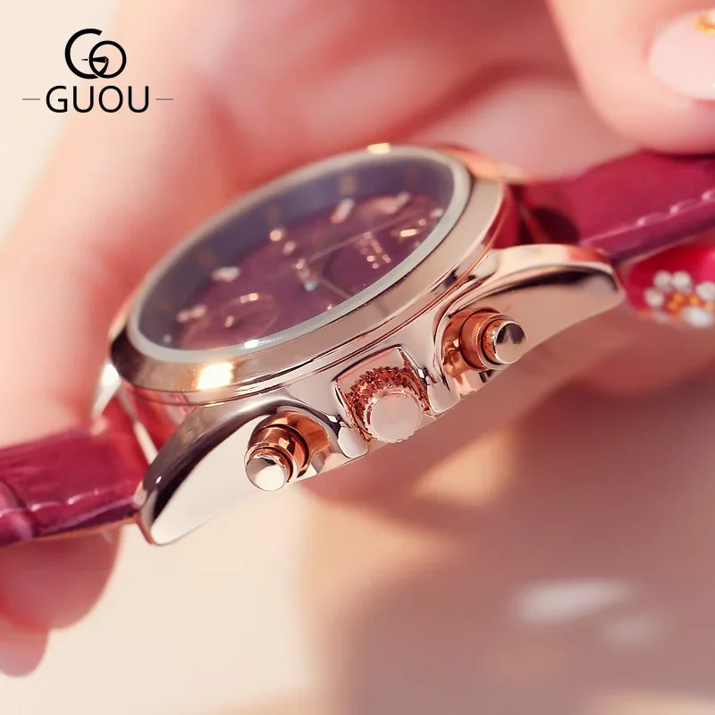 

GUOU fashion three-eye women watch belt with calendar rhinestone quartz watch ladies classic Joker watch ladies