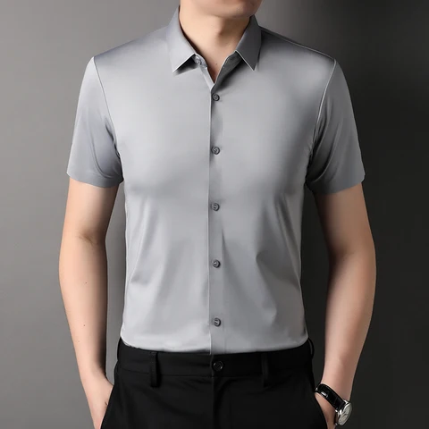 Рубашка MLSHP мужская с коротким рукавом, эластичная однотонная бесшовная деловая Повседневная, Классическая блуза, 4XL, на лето