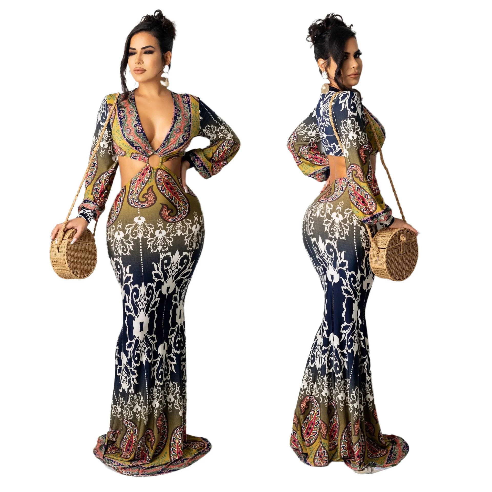 1109 women's clothing autumn and winter new printed V-neck dress waist down long skirt women's clothing
1109 women's clothing autumn and winter new printed V-neck dress waist down long skirt women's clothing