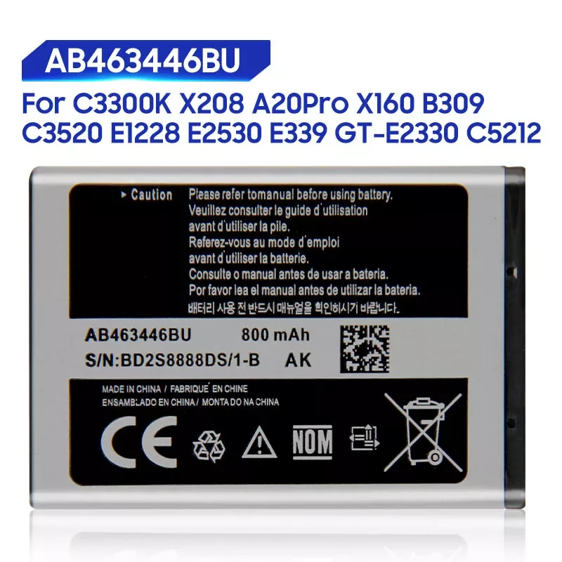 Replacement Battery For Samsung X520 F258 E878 S139 M628 E1200M E1228 X160 Rechargeable AB043446BE AB463446BU 800mAh
Replacement Battery For Samsung X520 F258 E878 S139 M628 E1200M E1228 X160 Rechargeable AB043446BE AB463446BU 800mAh