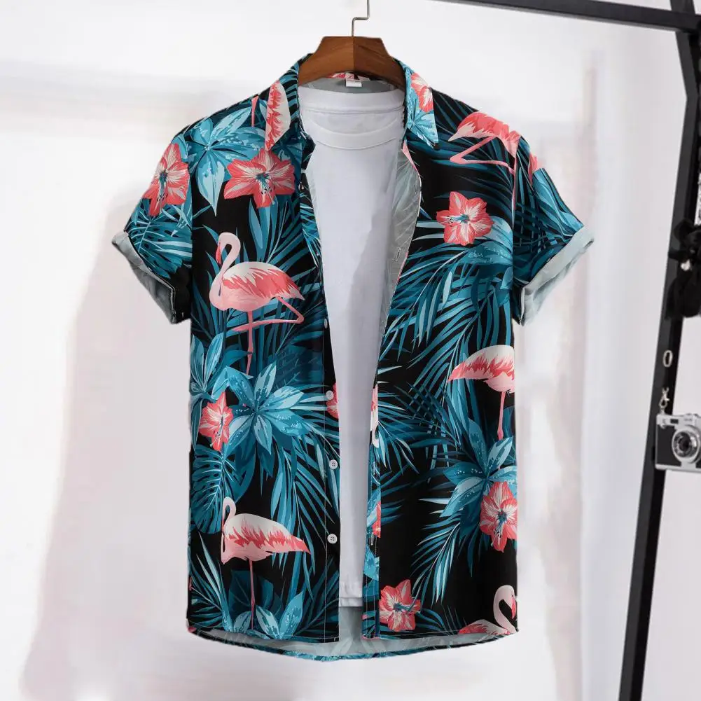 

Lapel Short Sleeve Men Shirt Buttons Closure Hawaiian Anti-pilling Bird Leaves Printed Beach Shirt Streetwear