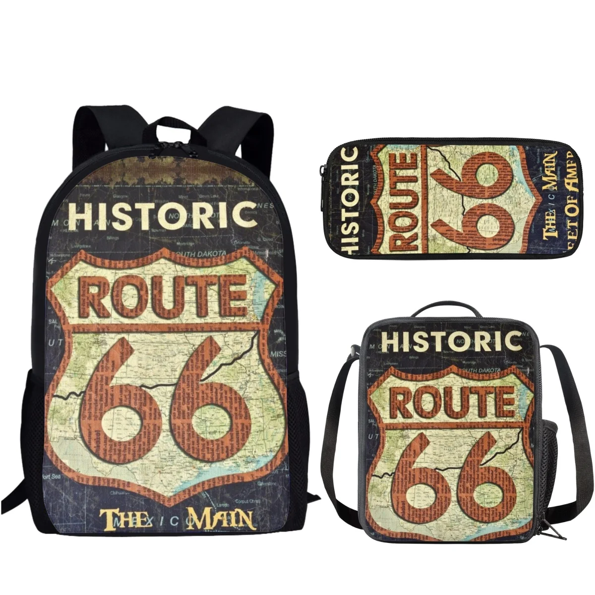 

Dropshipping Custom America Route 66 Letters Children School Bag Set of 3 Casual Bookbag for Kids Teenagers Schoolbags Satchel