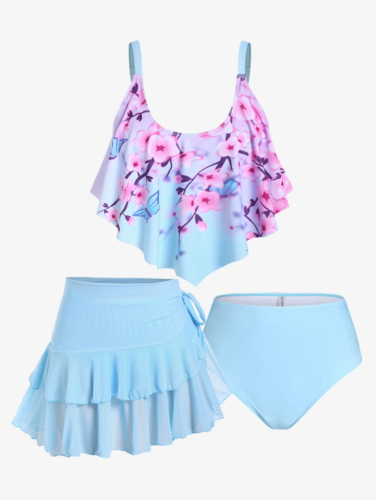 

ROSEGAL Plus Size Women Bathing Suit Bikinis Three Piece Ruffled Sakura Print Tankini Swimsuit 2023 Fashion Swimwear 4XL
