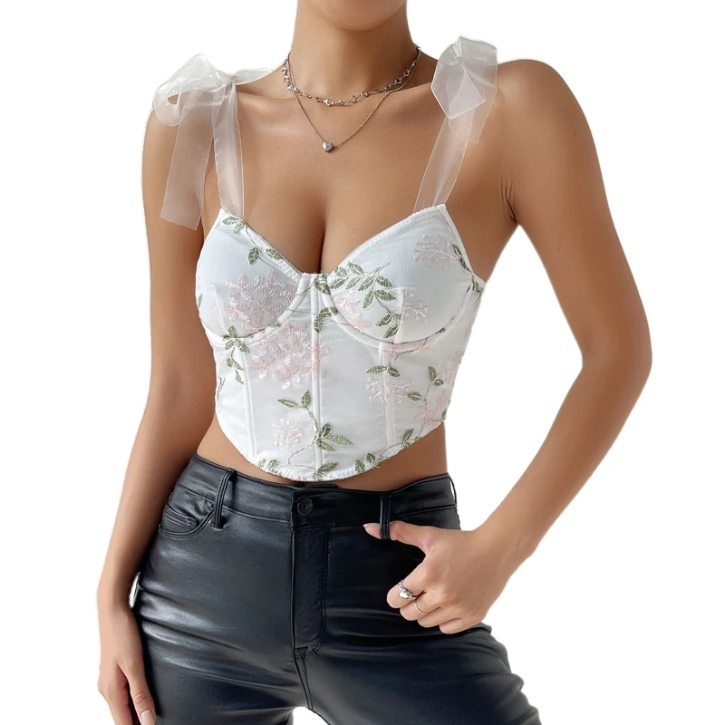 

New style Women Sexy Bustier Crop Top Strappy Tie Up Shoulder Sleeveless Fish Boned Underwire Corset Floral Embroidered Camisole