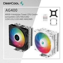 DEEPCOOL AG400 Air Cooler 4 Heat Pipe ARGB PWM Processador CPU Cooler for LGA1700 1200 115X 1151 1155 AMD AM4 AM5
