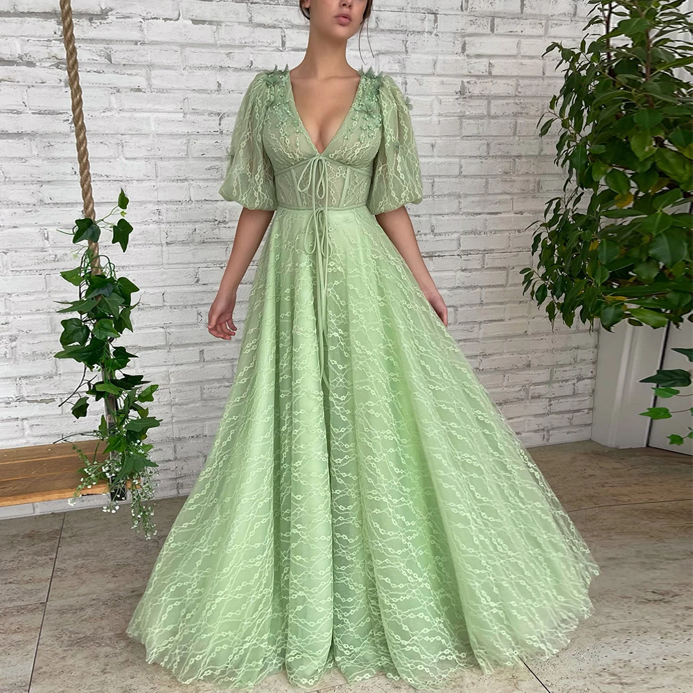 Mint Prom Dress A Line Illusion Half Puffy Sleeves V Neck Sexy Prom Gown Floor Length Bows Backless Draped Modern Evening Dress
Mint Prom Dress A Line Illusion Half Puffy Sleeves V Neck Sexy Prom Gown Floor Length Bows Backless Draped Modern Evening Dress