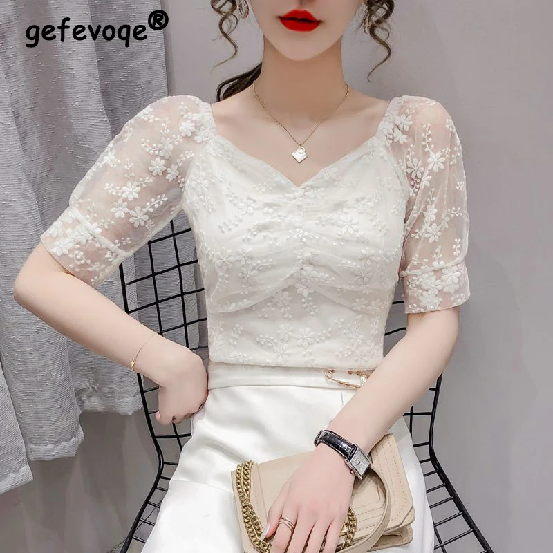 Women's Clothing Korean Fashion Mesh Lace Embroidery Chic Elegant Blouse Summer V Neck Short Sleeve Shirt Slim Solid Tops Blusas
Women's Clothing Korean Fashion Mesh Lace Embroidery Chic Elegant Blouse Summer V Neck Short Sleeve Shirt Slim Solid Tops Blusas