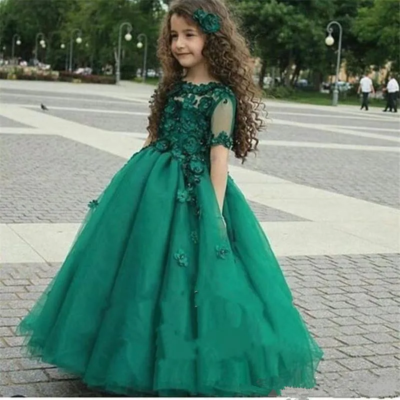 

Real Image Emerald Green Girls Pageant Gowns Sheer Short Sleeves Princess Kid Formal Dresses Flower Girl Dresses for Wedding