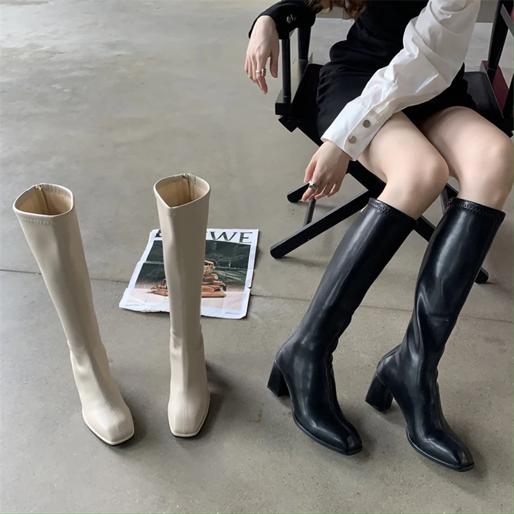 Fashion Women Knee High Boots Round Toe Black Beige Square High Heels Back Zipper Winter Sock Booties Autumn Party Pumps 35-39
Fashion Women Knee High Boots Round Toe Black Beige Square High Heels Back Zipper Winter Sock Booties Autumn Party Pumps 35-39