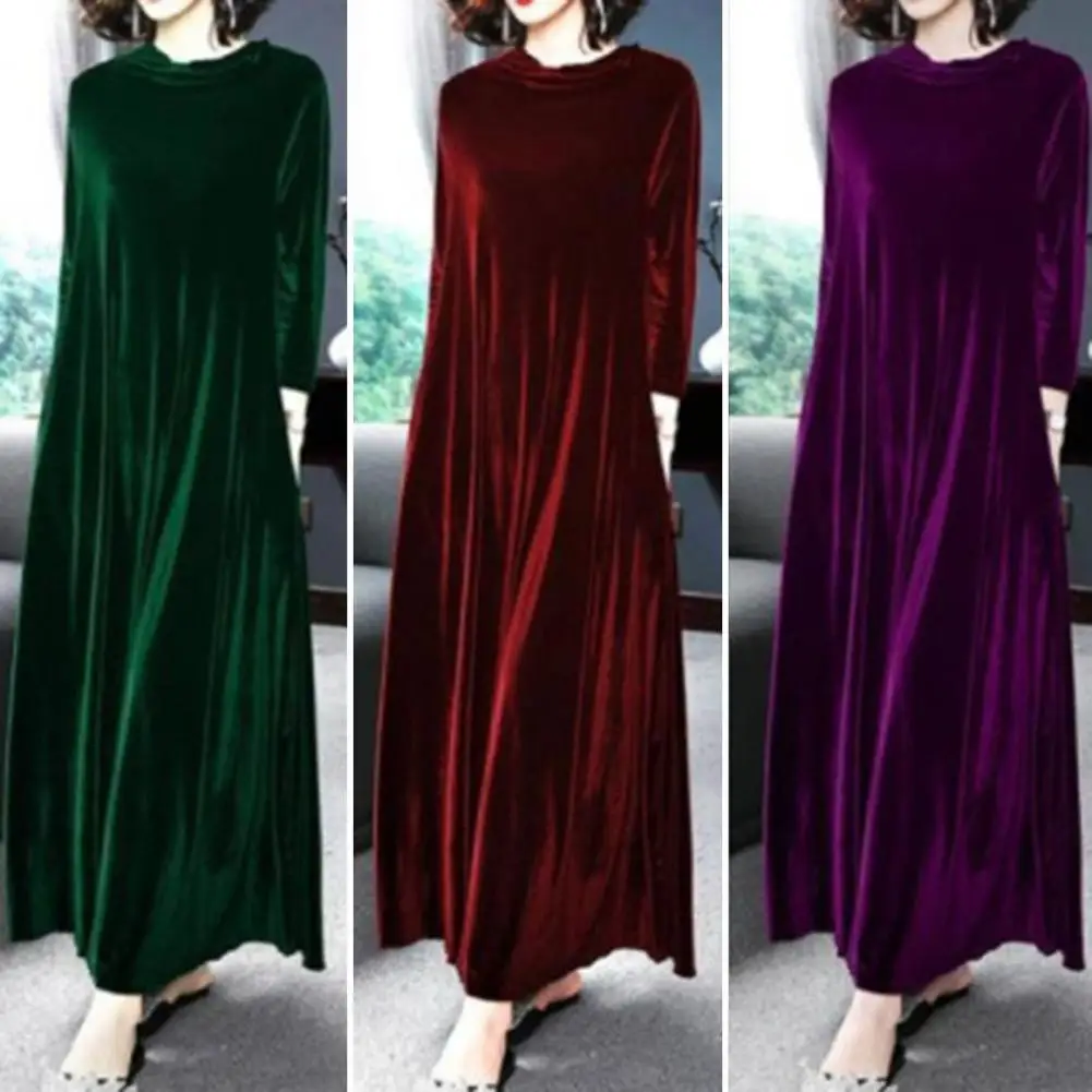 

Party Dress Pile Collar Long Sleeves Pockets A-Line Women Dress Spring Autumn Pleated Loose Hem Solid Color Velvet Maxi Dress