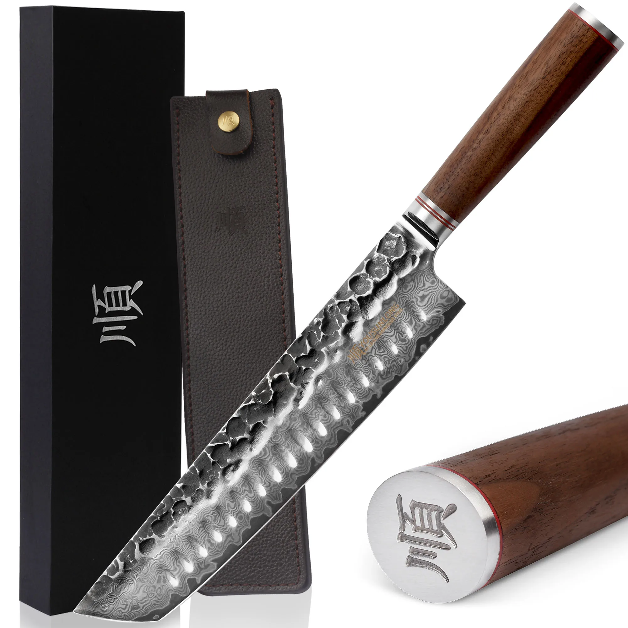 YOUSUNLONG Tanto Chef Knife 10 inch Japanese Hammered Damascus Steel - Natural Walnut Handle with Leather Sheath
YOUSUNLONG Tanto Chef Knife 10 inch Japanese Hammered Damascus Steel - Natural Walnut Handle with Leather Sheath