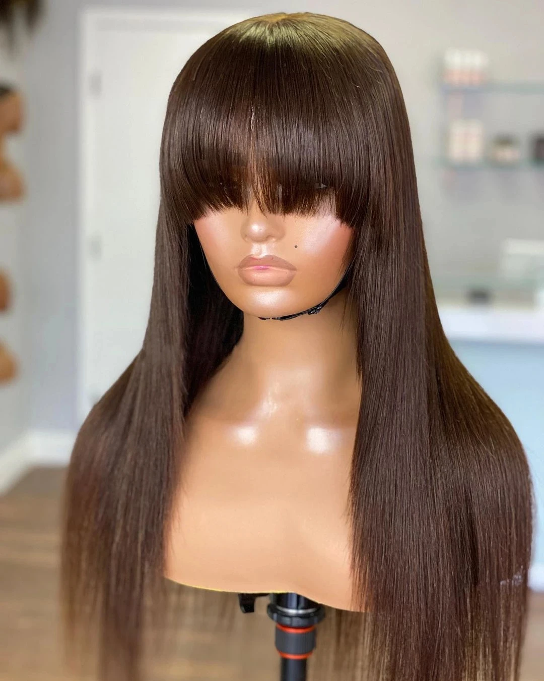 

26Inches Long Dark Brown Fringe Lace Front Wigs for Black Women Glueless Synthetic Chocolate Brown Silky Straight Short Bob Hair