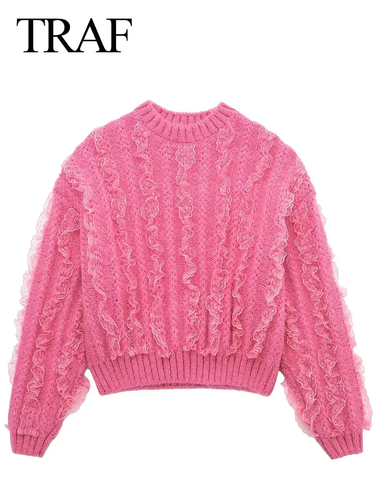

TRAF Women's Fashion Tiered Embellished Sweater Elegant Pink O-Neck Long Sleeve Loose Knitwear Pullover Female Chic Tops