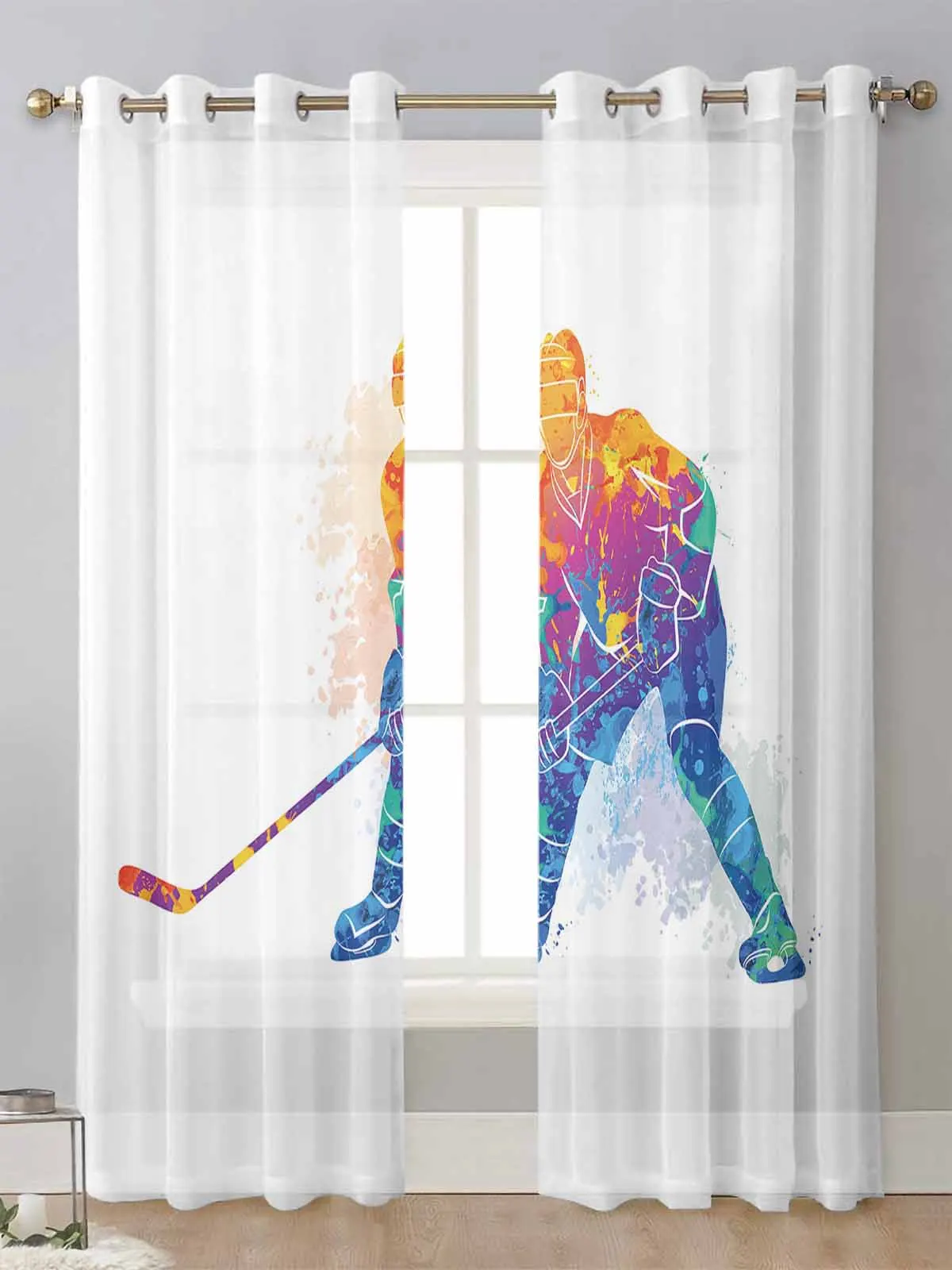 

Watercolor Sport Hockey Player Sheer Curtains For Living Room Window Transparent Voile Tulle Curtain Cortinas Drapes Home Decor