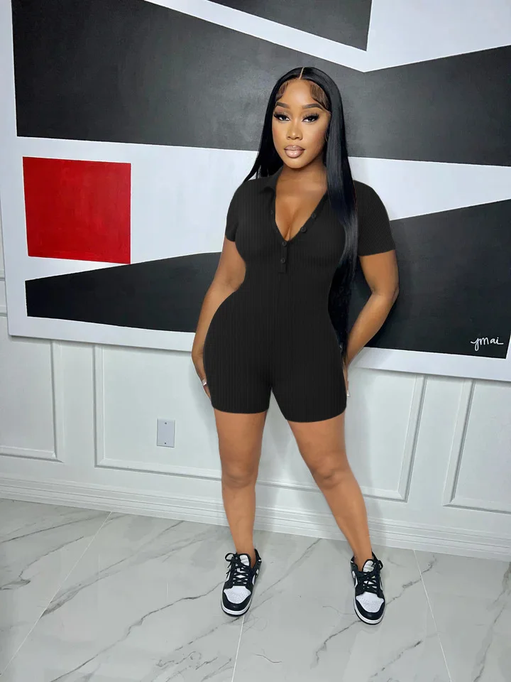 Женский Облегающий комбинезон в рубчик, с воротником-поло 
Женский Облегающий комбинезон в рубчик, с воротником-поло