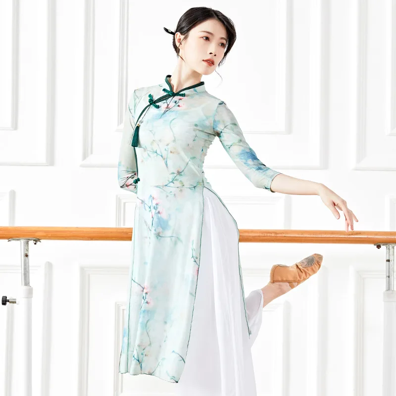 

Chinese Hanfu Traditional Woman Dress See-through Top Oriental Classic Gauze Cheongsam Stretch Print Dancer Outfit Qipao XL