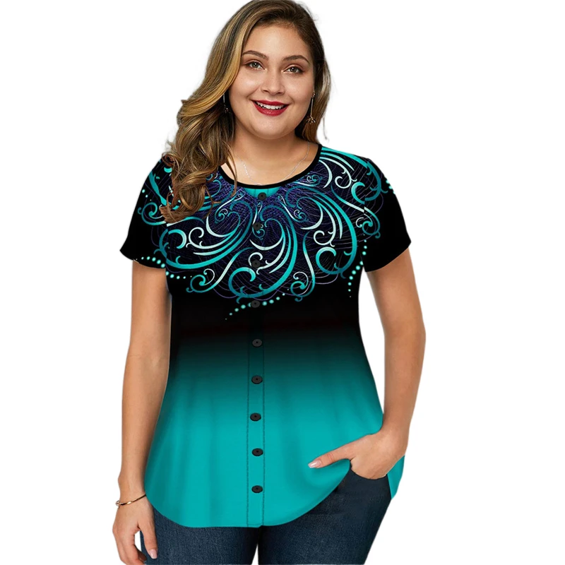 

Plus Size Tunic Shirt Large Size Tops Women Casual Button Decor Ladies Loose Floral Print Boho Ropa Curvy Tallas Grandes Mujer