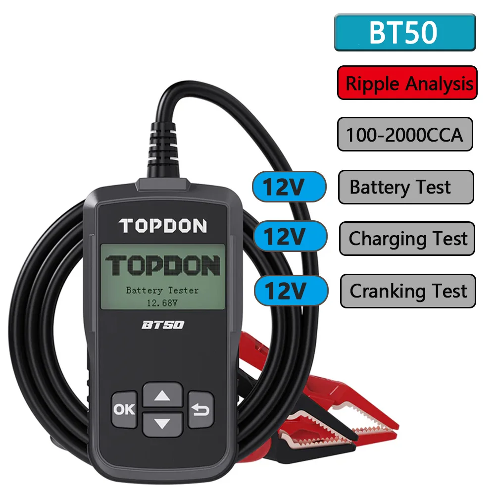 Автомобильный тестер аккумуляторов TOPDON AB101 BT50 12В, анализатор зарядки и напряжения, тестер автозарядных устройств, 2000CCA, тестер цепи запуска и зарядки автомобиля
Автомобильный тестер аккумуляторов TOPDON AB101 BT50 12В, анализатор зарядки и напряжения, тестер автозарядных устройств, 2000CCA, тестер цепи запуска и зарядки автомобиля