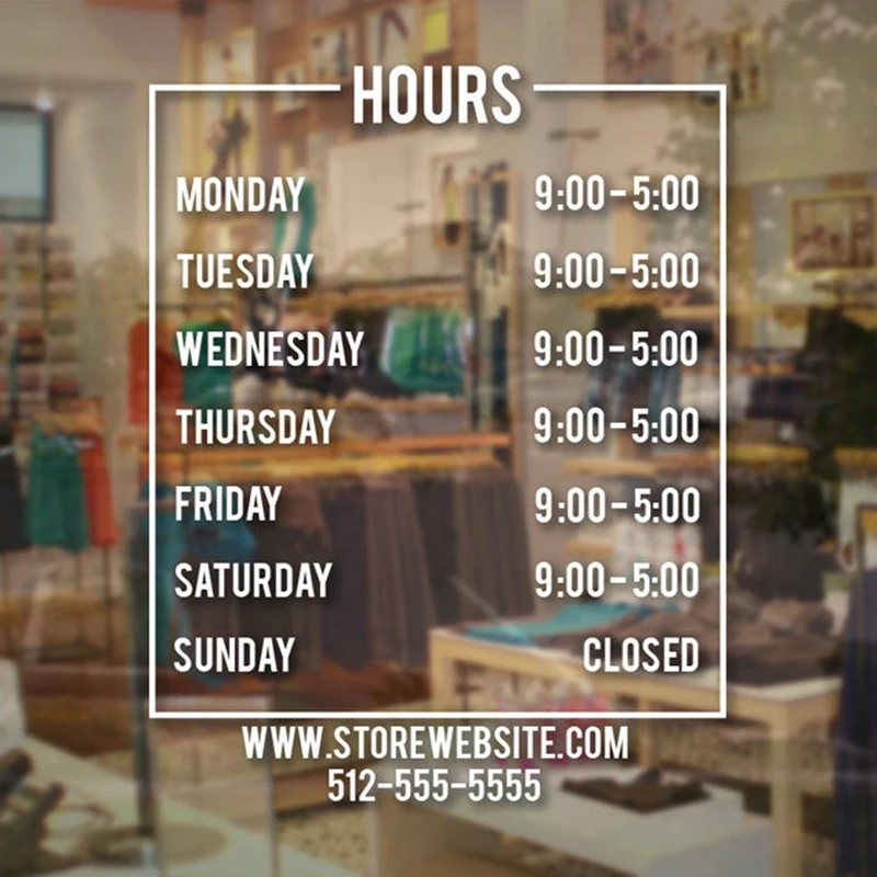 Working Time Window Stickers Customized Store Hours Sign Business Vinyl Decal Wall Decor Wroking Schedule Wall Poster
Working Time Window Stickers Customized Store Hours Sign Business Vinyl Decal Wall Decor Wroking Schedule Wall Poster