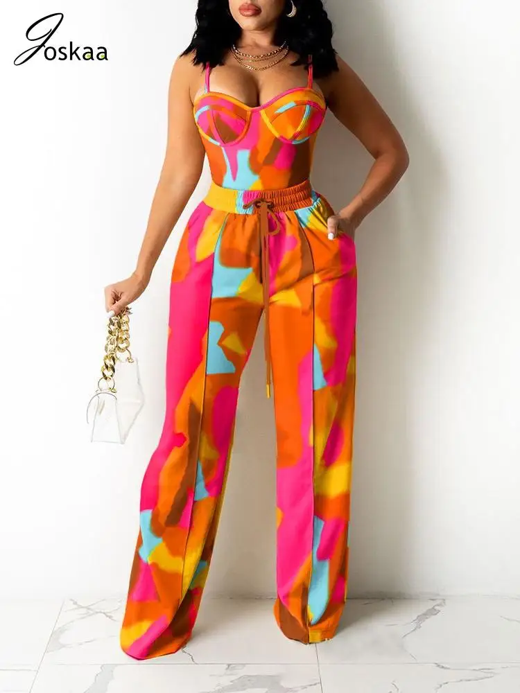 

Joskaa Casual Print Two Piece Set Women Hipster Cropped Camisole and Drawstring Wide Leg Pants Matching 2023 Vacation Outfits