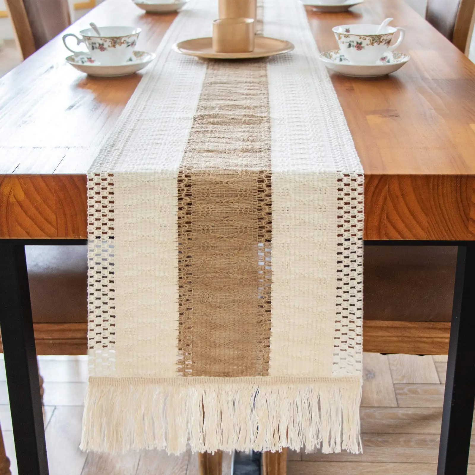 

Woven Splicing Cotton and Burlap Table Runner Farmhouse Style with Tassels Boho Wedding Bridal Shower Home Dining Table Decor
