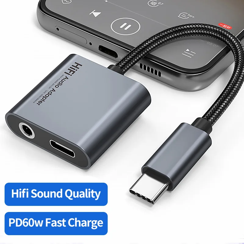 2 in 1 Type C to 3.5mm Jack Audio Adapter PD60W Fast Charging For Samsung S22 S21 Xiaomi Huawei 3.5mm Wired Earphone Converter 
2 in 1 Type C to 3.5mm Jack Audio Adapter PD60W Fast Charging For Samsung S22 S21 Xiaomi Huawei 3.5mm Wired Earphone Converter