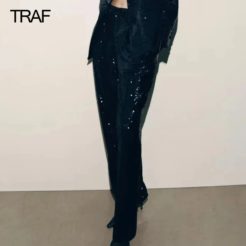 Брюки женские черные с блестками и высокой талией, на зиму 
Брюки женские черные с блестками и высокой талией, на зиму