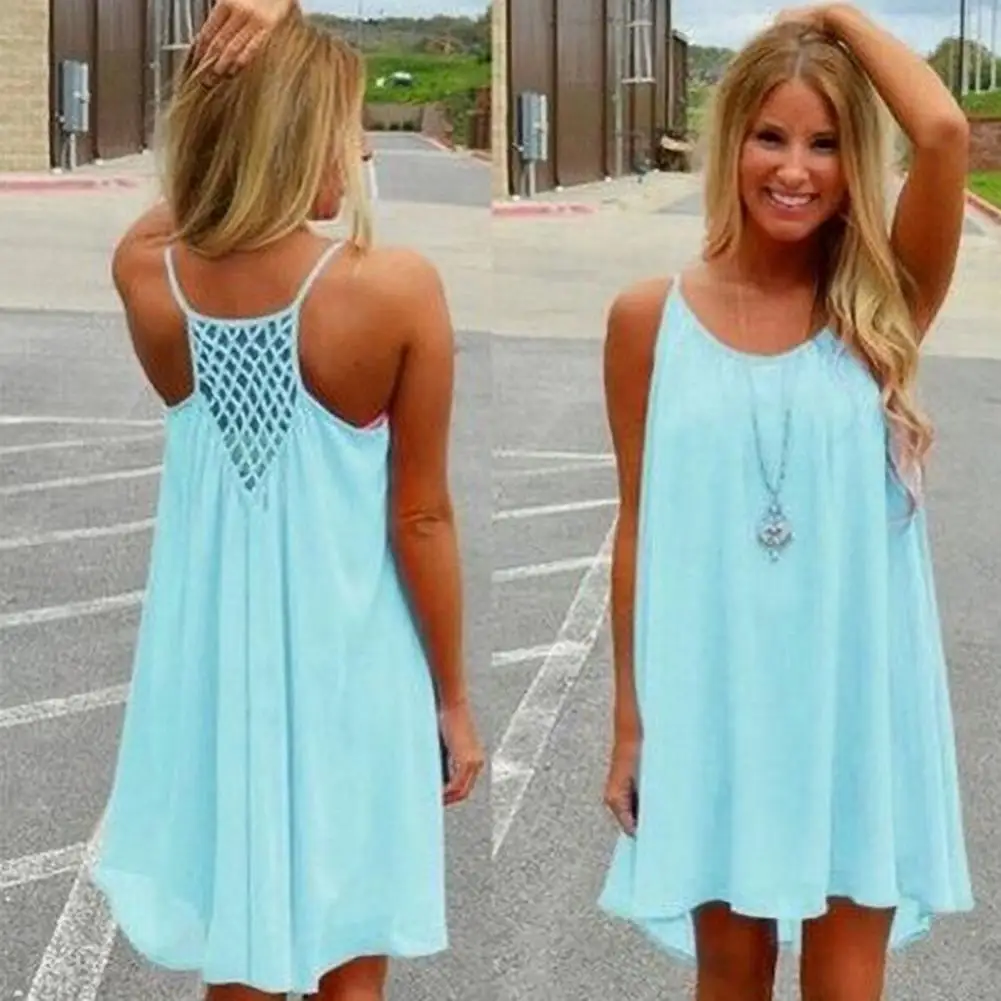 Women Summer Sling Chiffon Dress O-Neck Sleeveless Beach Dress Mesh Stitching Backless Bright Color Suspender Dress Streetwear
Women Summer Sling Chiffon Dress O-Neck Sleeveless Beach Dress Mesh Stitching Backless Bright Color Suspender Dress Streetwear