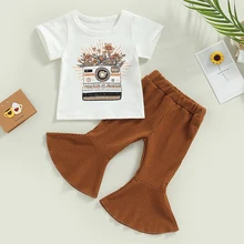2022-12-05 Lioraitiin 0-3Years Toddler Girls Summer Outfit Sets White Short Sleeve Flower Print T-shirt Solid Flared Pants