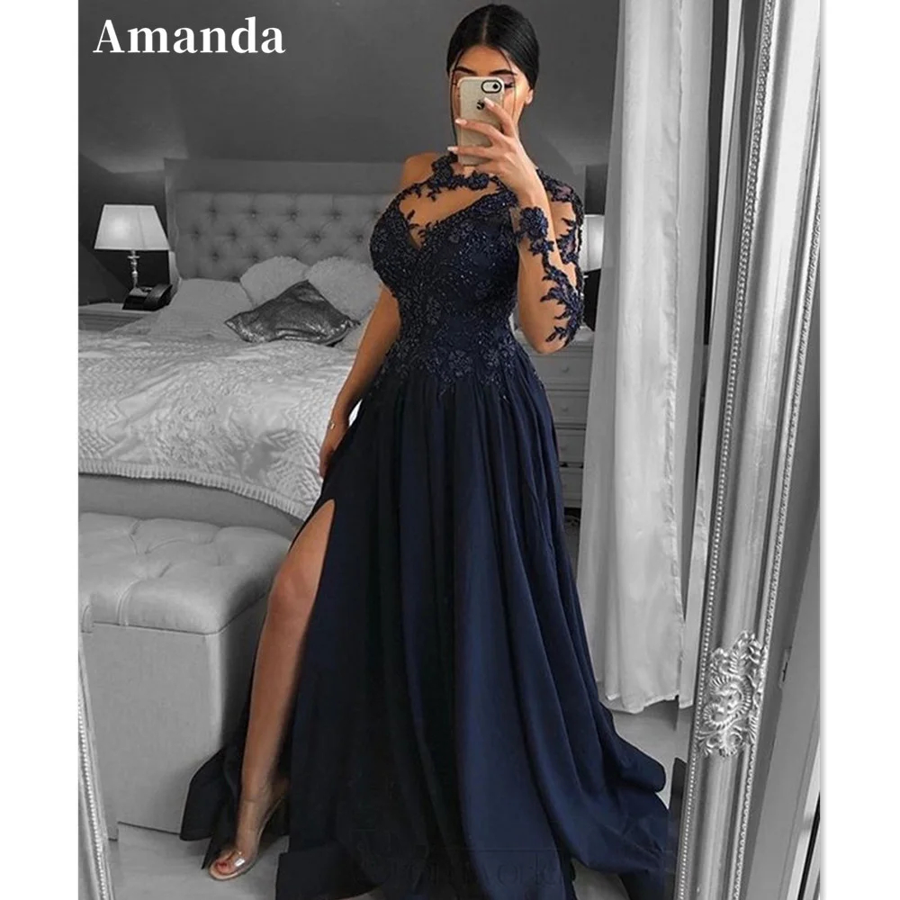 

Amanda Sexy One Lace Sleeve Prom Dress O-neck вечернее платье люкс 2023 Side Split Party Dress Tulle Sweep Tail Evening Dress