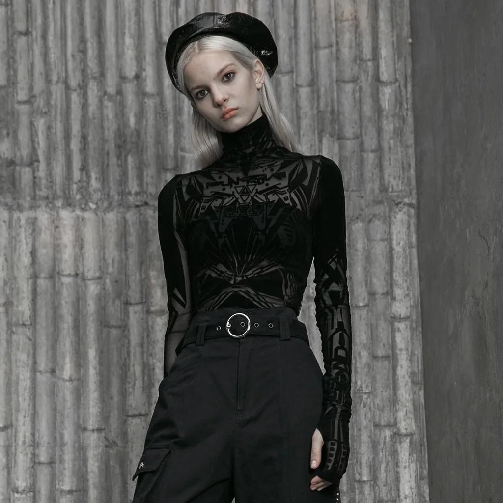PUNKRAVE Women's Shirt Goth Personality Tight Bottom T-shirt Daily Wear Slim Fit Velvet Printing Mesh Top
PUNKRAVE Women's Shirt Goth Personality Tight Bottom T-shirt Daily Wear Slim Fit Velvet Printing Mesh Top