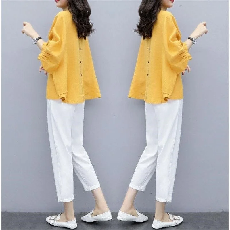 TWO-Piece/Suit Cotton Linen Women 2023 New Women's Short-Sleeved Shirt Nine-Point Harem Pants Two-Piece Female Top Set E154
TWO-Piece/Suit Cotton Linen Women 2023 New Women's Short-Sleeved Shirt Nine-Point Harem Pants Two-Piece Female Top Set E154
