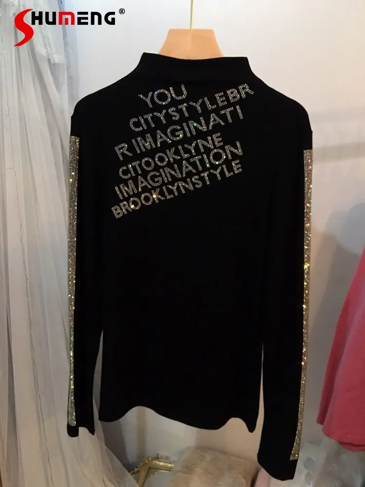 Woman Rhinestone Bottoming Shirt Women's Inner Flash Letter T-shirt Half Turtleneck Oversized Black Top 2022 Autumn and Winter
Woman Rhinestone Bottoming Shirt Women's Inner Flash Letter T-shirt Half Turtleneck Oversized Black Top 2022 Autumn and Winter