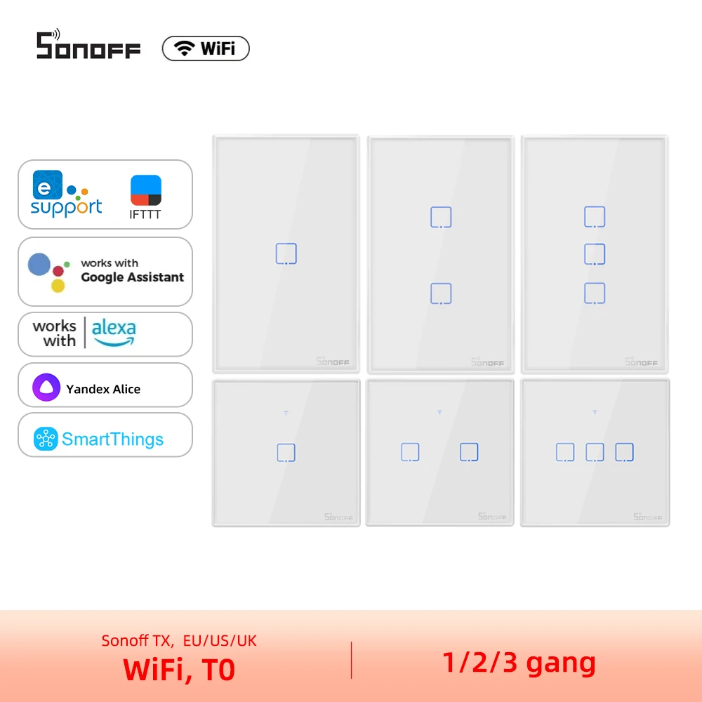 

SONOFF TX Series WiFi Wall Switches T0 1/2/3 Gang UK EU US Touch Panel Work With Alexa Google Smartthings Yandex Alice Ewelink