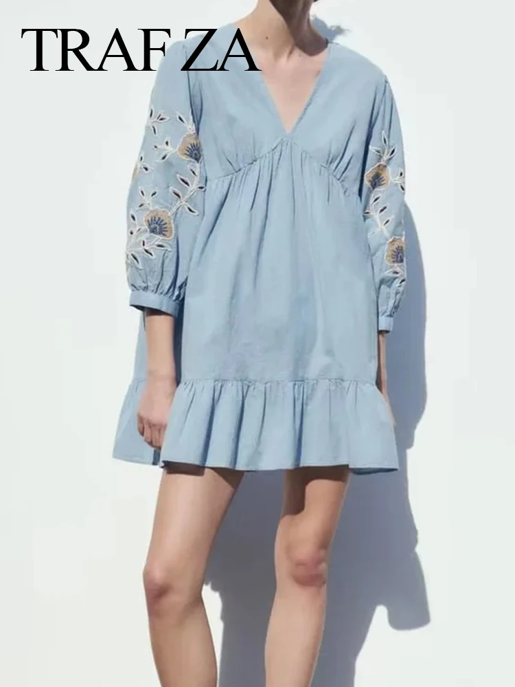TRAFZA Female Dress Casual Summer Women Dresses Embroidery Short Dresses For Women 2023 Blue Mini Dress Woman Ruffle Puff Sleeve
TRAFZA Female Dress Casual Summer Women Dresses Embroidery Short Dresses For Women 2023 Blue Mini Dress Woman Ruffle Puff Sleeve