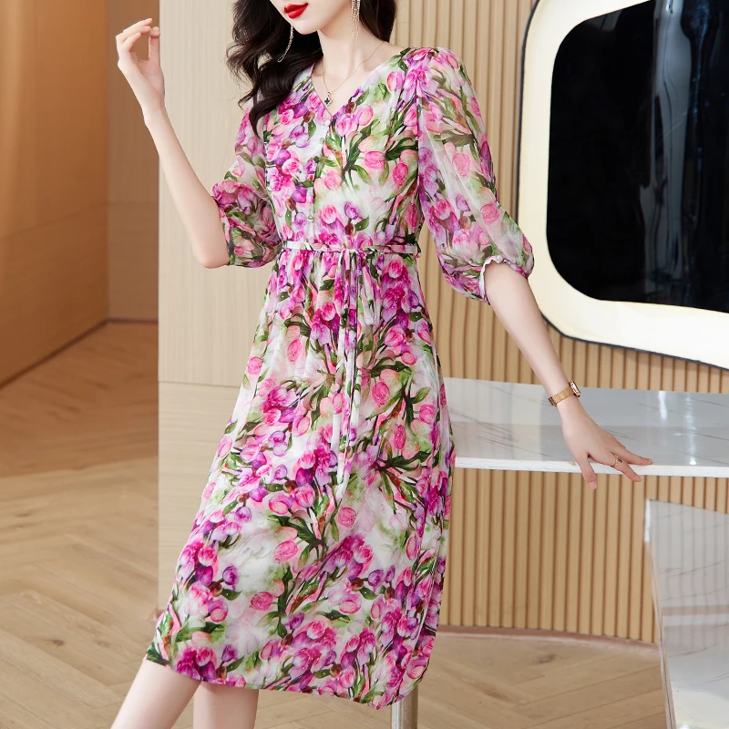

Женское шелковое платье с цветочным принтом, повседневное свободное платье из шелка тутового шелкопряда с V-образным вырезом, лето 2023