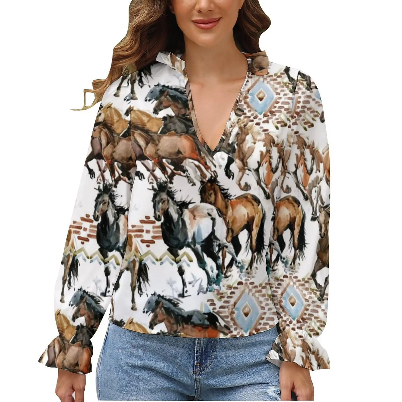 Horse Pattern Decoration Chiffon Blouse Horseback Riding Cool Elegant Blouses Hot Sale Womens Elegant Shirts V Neck Print Top
Horse Pattern Decoration Chiffon Blouse Horseback Riding Cool Elegant Blouses Hot Sale Womens Elegant Shirts V Neck Print Top