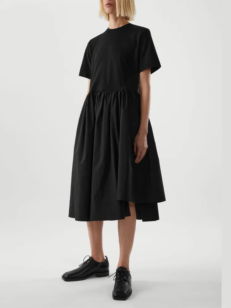 Women Irregular Black Dress Short Sleeve O-neck Casual Female A-line Pleated Robe 2022 New
Women Irregular Black Dress Short Sleeve O-neck Casual Female A-line Pleated Robe 2022 New