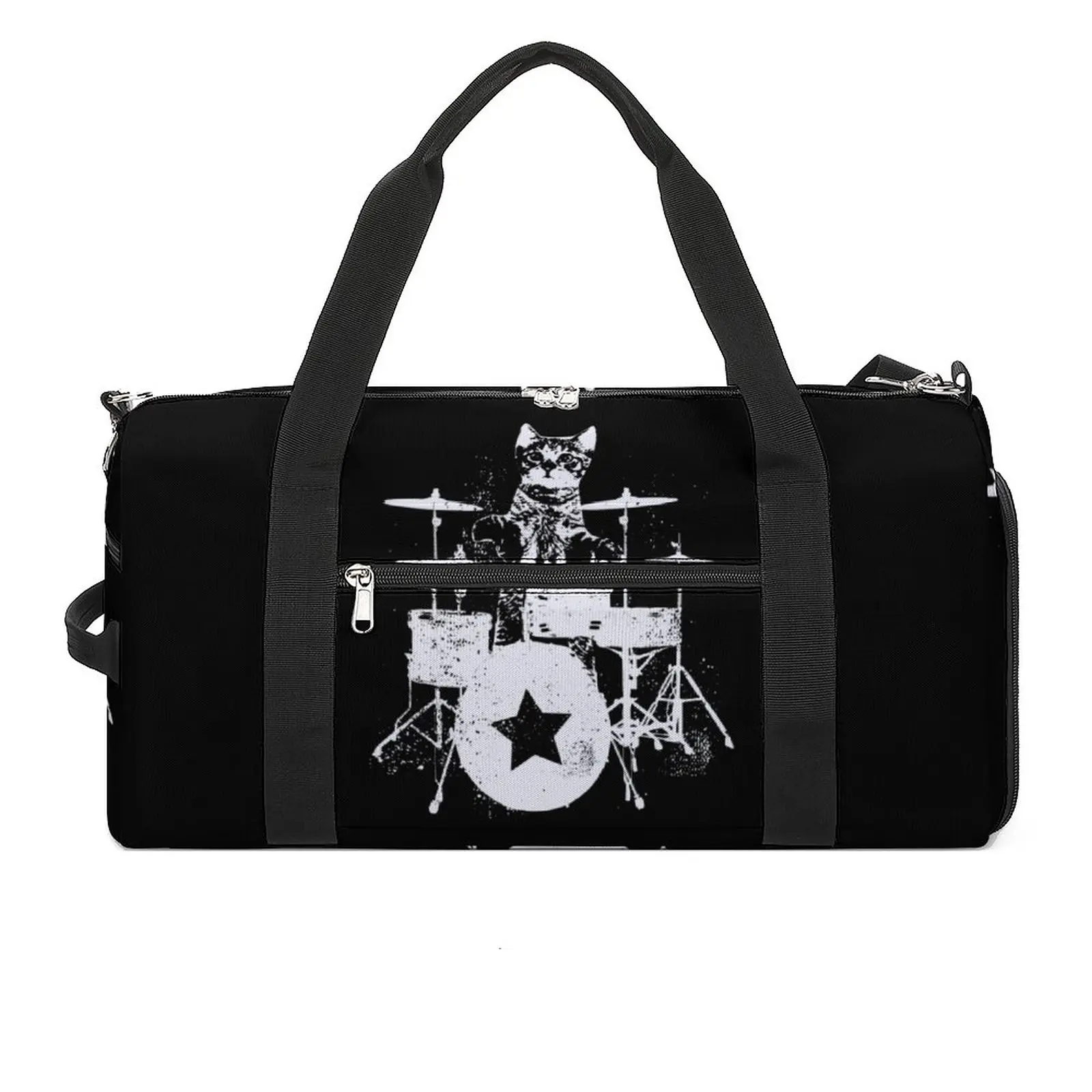 

Gym Bag The Musician Cat Playing Drums Sports Bag with Shoes Drummer Cat Men Portable Print Handbag Graphic Swimming Fitness Bag